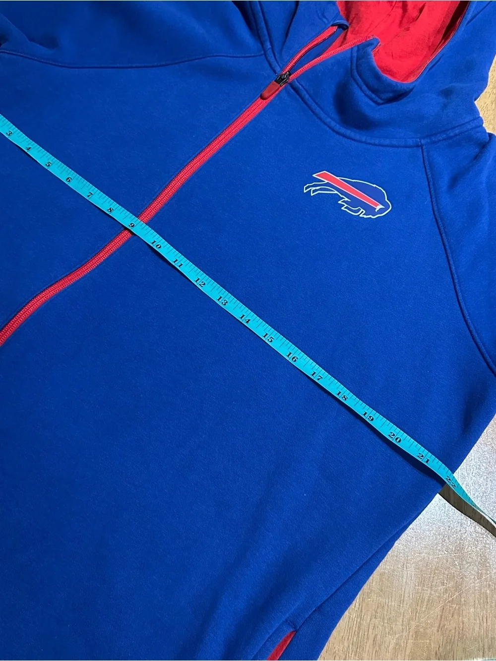 Nike Blue Buffalo Bills Assymetrical Zipper Hoodie with Red Trim Women’s Large